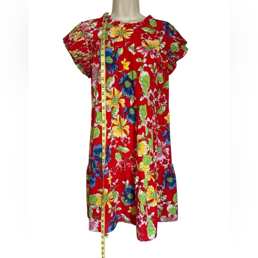 Floral Red Midi Dress with Ruffle Sleeves - Picture 6 of 6